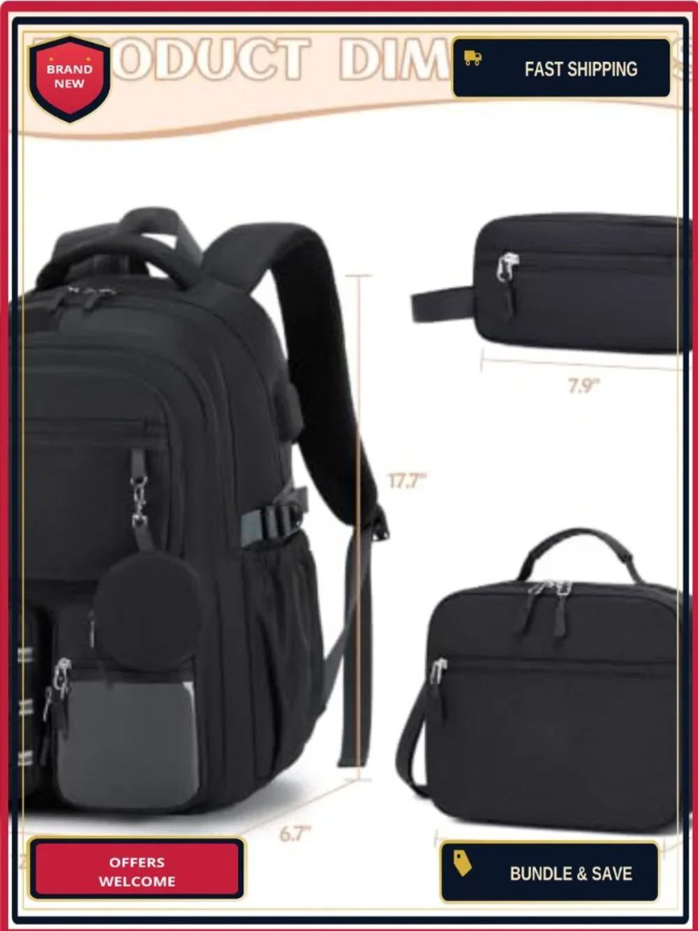 3PC School Backpack Set for Teen Girls Kids, 15.6